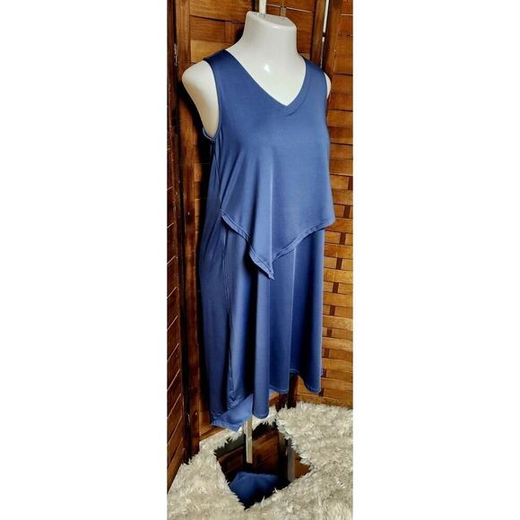 Cuddl Duds Silky Tank Dress Asymmetrical Overlay Vintage Indigo Small A394195 - Picture 2 of 4